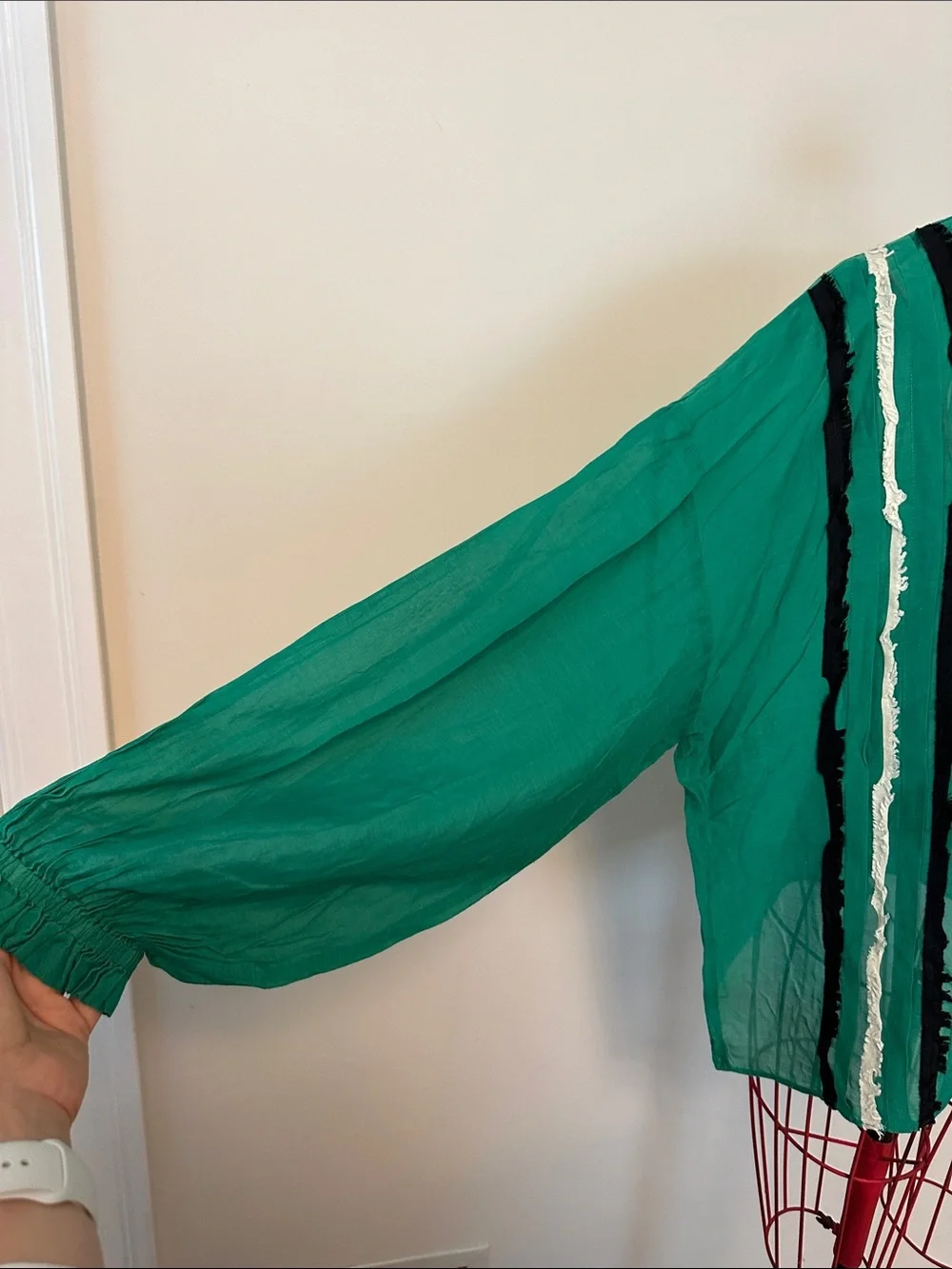 Green Striped Long Sleeve Top with Textured Ruffle Stripes - Picture 4 of 6